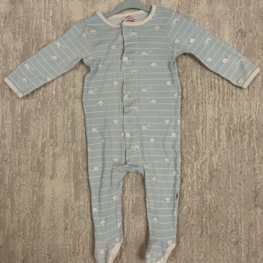 Light Blue Striped Footed One-Piece with Bear Motif - Kids